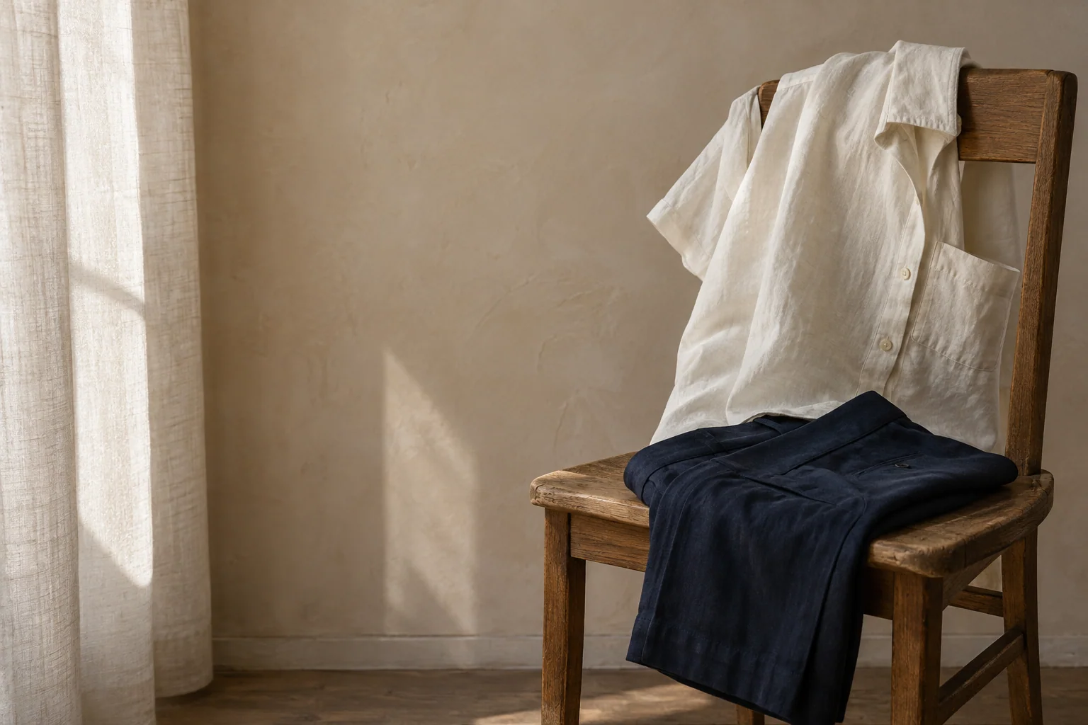Camisa de lino y pantalón azul marino sobre una silla junto a una cortina