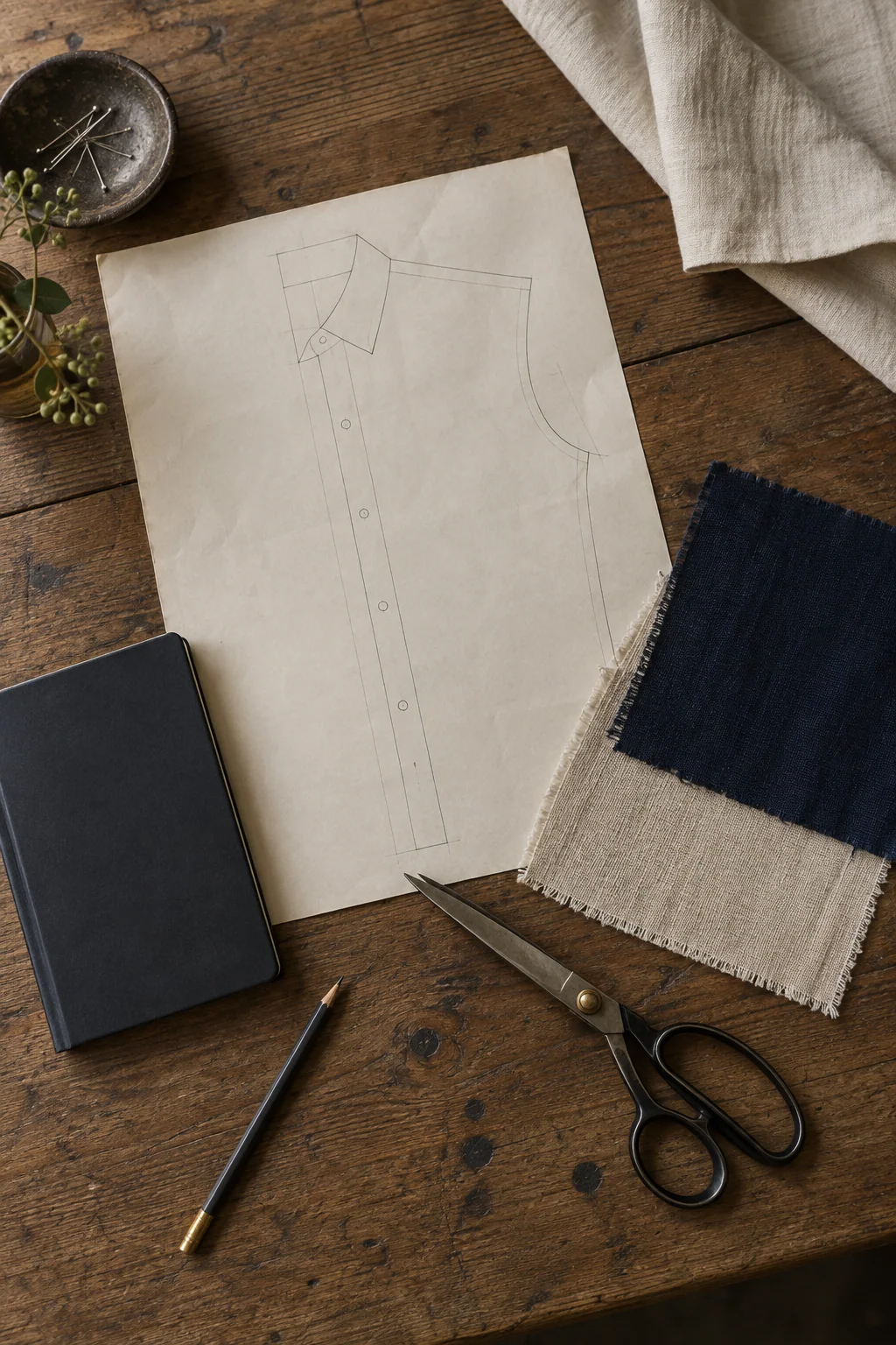 Tijeras, un patrón de camisa en papel y un cuaderno de muestras textiles