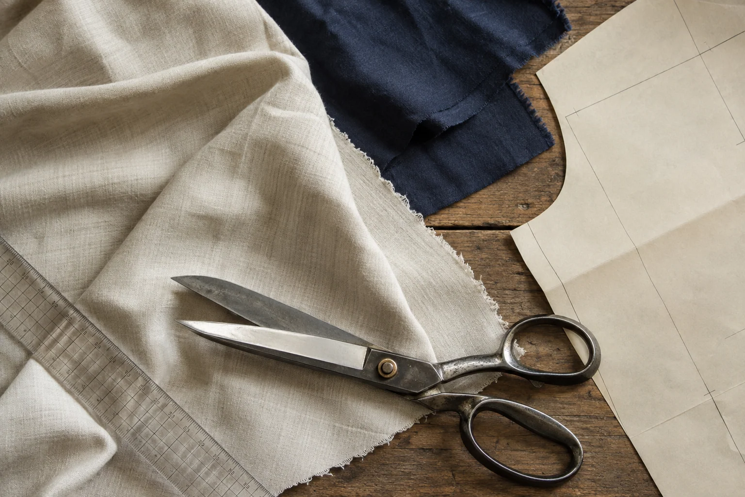 Vista cenital de muestras de tela, tijeras textiles y un patrón de papel